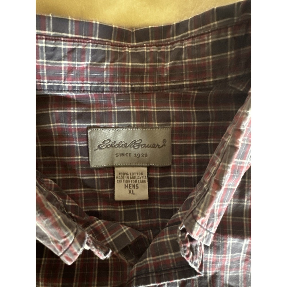 Eddie Bauer Men's XL Button Up Plaid Collar Long Sleeve Shirt Cotton Red Blue - Picture 2 of 4